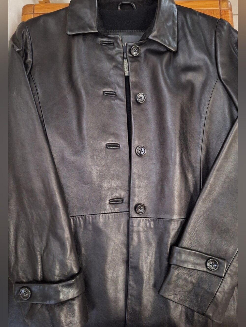 Vtg 90s Banana Republic Leather Trench Jacket Wool Lined Buttons Women XS Black